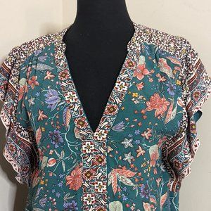 Anthropologie Zenia Floral Teal Mini Dress XL Petite